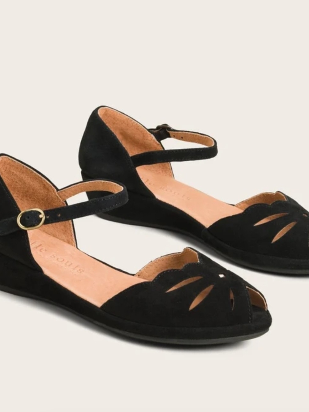 gentle souls Black Scalloped Peep-Toe Ankle-Strap Flats